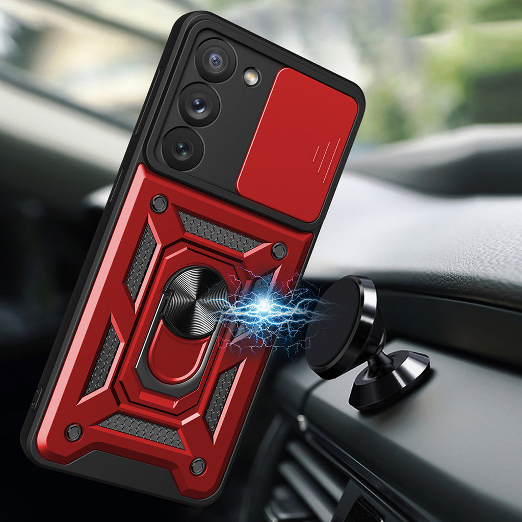 Kickstand Ring Holder With Slide Camera Cover Tpu Magnetic Car Mount For Galaxy S23  Plus In Red