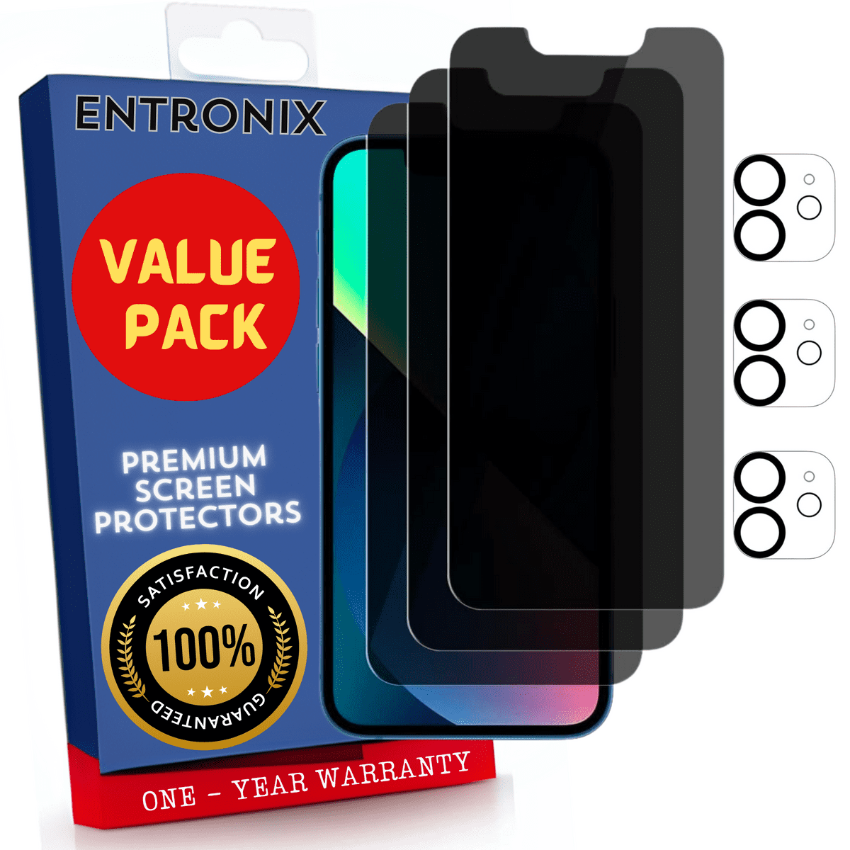 Entronix Anti-Spy Privacy Screen Protector & Camera Lens Protector Compatible with iPhone 12 Mini - 6-Piece Combo