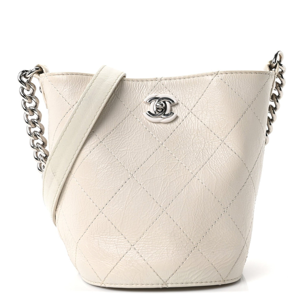 Crumpled Calfskin Bucket Bag White