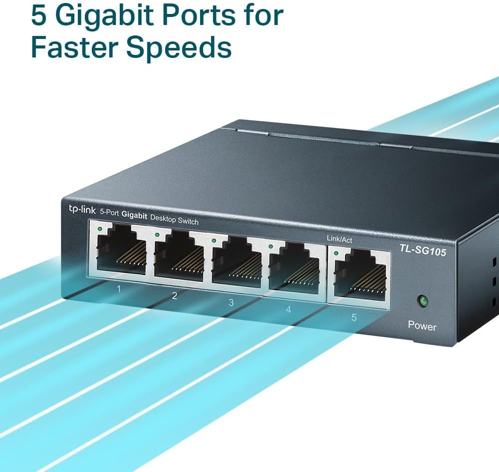 5 Port Gigabit Unmanaged Ethernet Switch, Network Hub, Ethernet Splitter, Plug & Play, Fanless Metal Design, Shielded Ports, Traffic Optimization
