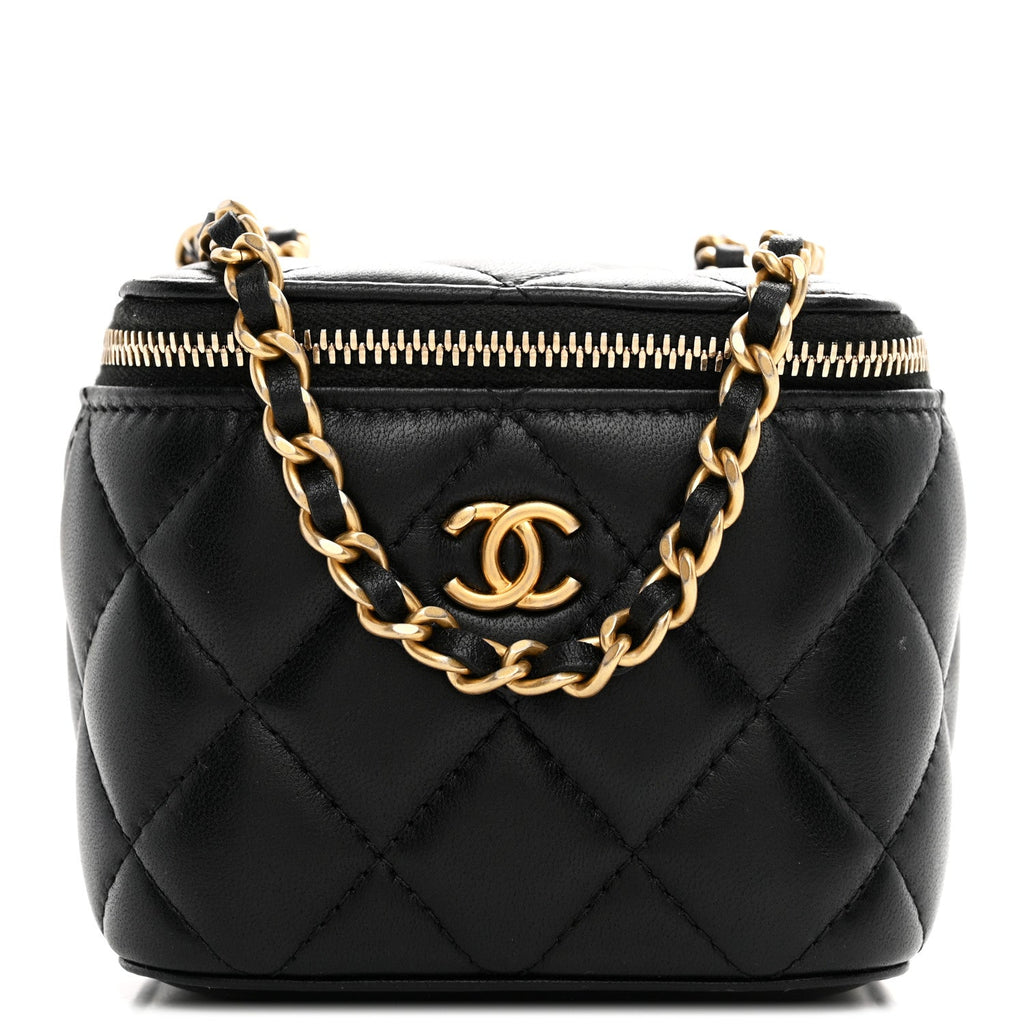 Lambskin Quilted Mini Pearl Crush Vanity Case With Chain Black