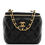 Lambskin Quilted Mini Pearl Crush Vanity Case With Chain Black