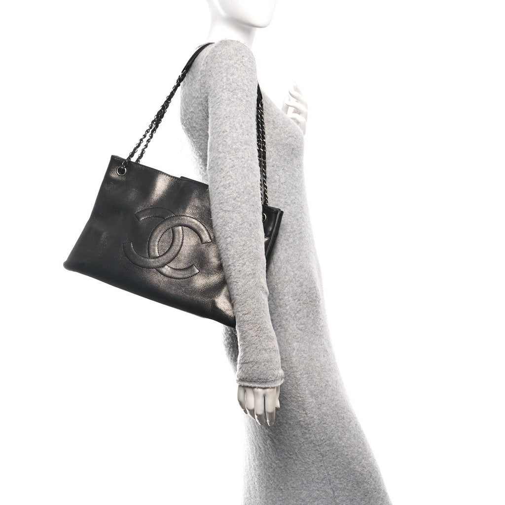 Iridescent Calfskin CC East West Shopping Tote Black