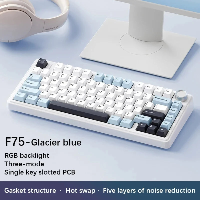 F75 2.4G Wireless/Bluetooth/Wired RGB Mechanical Gaming Keyboard with Customizable 75% Layout and Gasket Structure - Glacier blue Reaper Switch