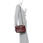 Glazed Calfskin Quilted Small Gold Bar Tote Red