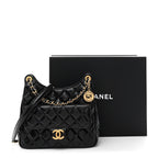Shiny Crumpled Calfskin Quilted Wavy CC Hobo Black
