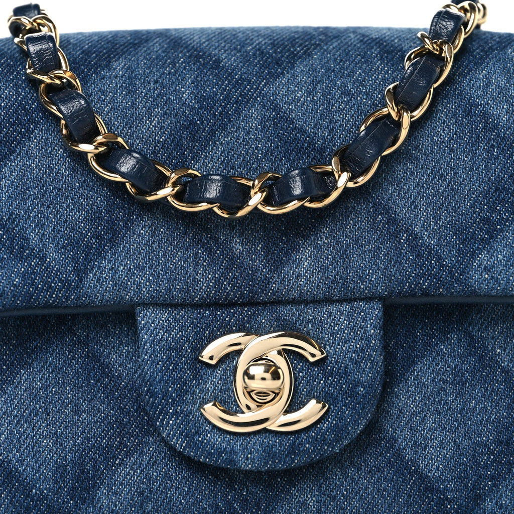 Printed Denim Quilted Mini Rectangular Flap Dark Blue