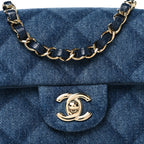 Printed Denim Quilted Mini Rectangular Flap Dark Blue