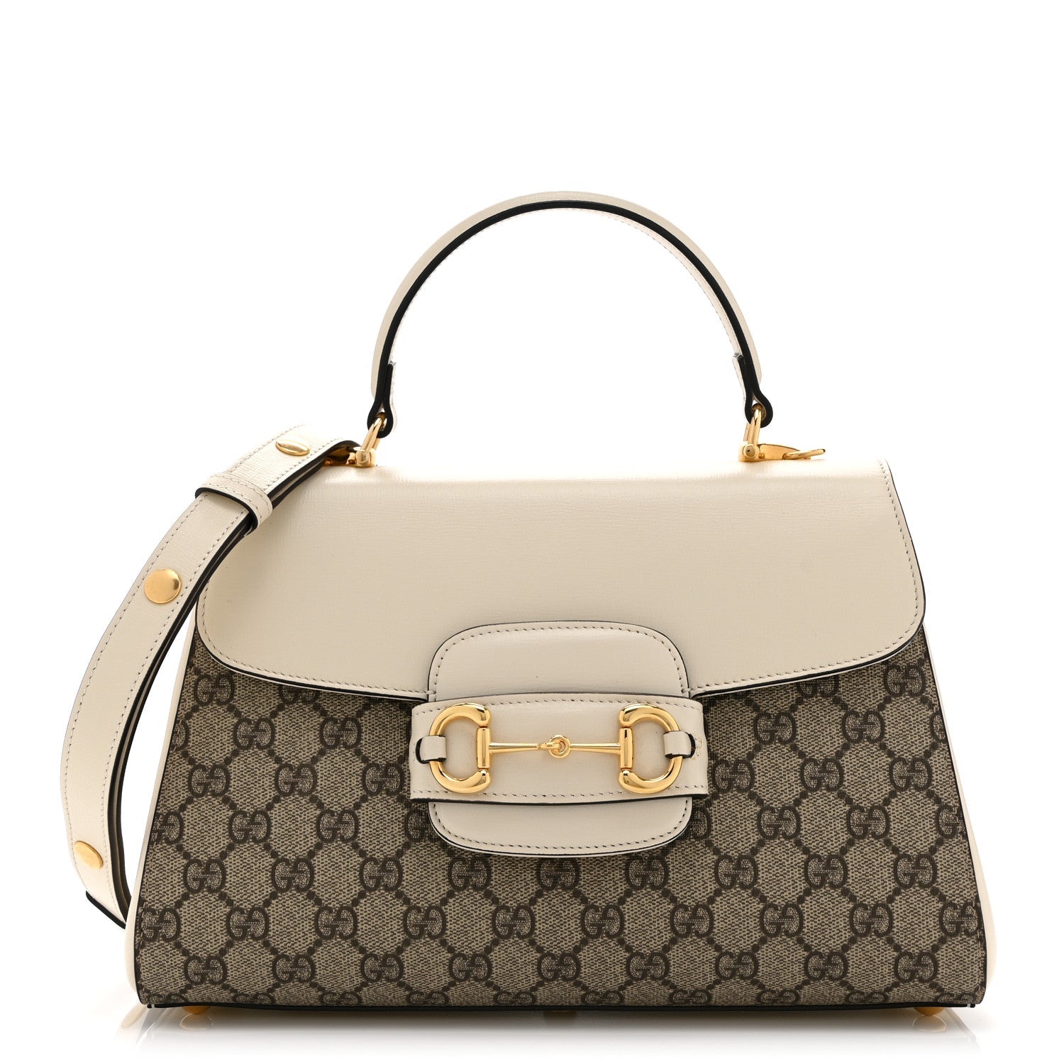 GG Supreme Monogram Calfskin Medium Horsebit 1955 Top Handle Bag Beige Ebony Mystic White