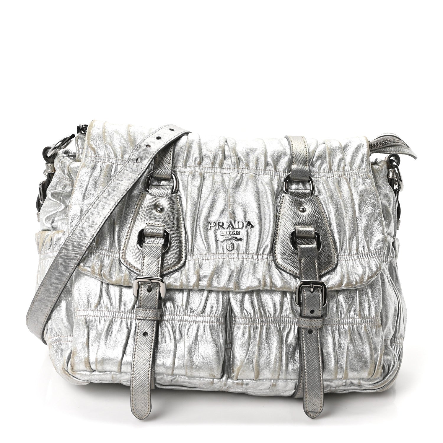 Metallic Nappa Gaufre Messenger Tote Argento