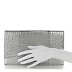 Metallic Calfskin Crocodile Embossed Hourglass Flap Flat Pouch Silver