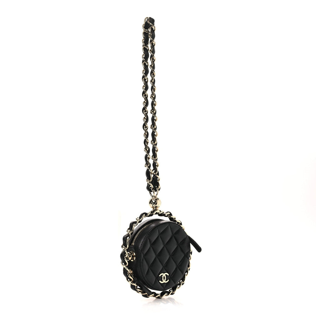 Lambskin Quilted Chain Round Mini Clutch Black