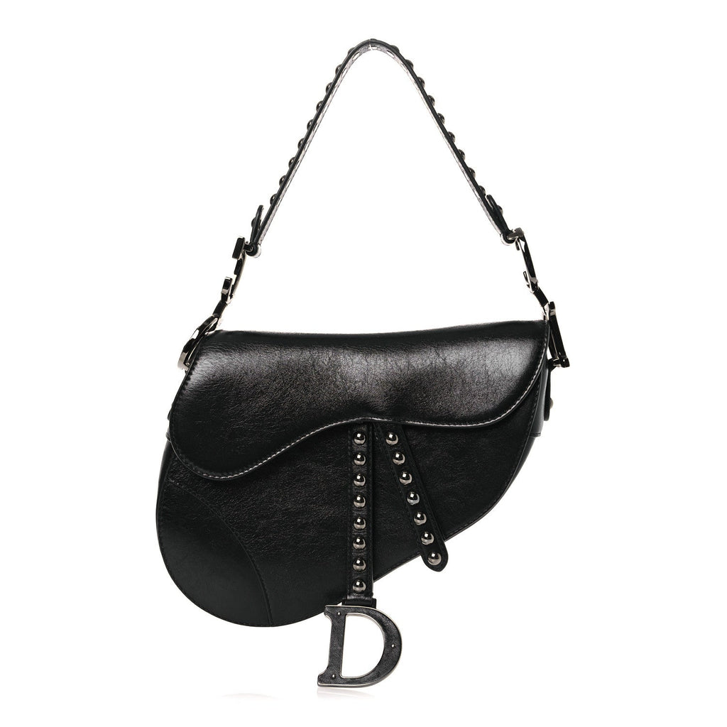 Shiny Crinkled Calfskin Studded Saddle Bag Black