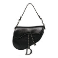 Shiny Crinkled Calfskin Studded Saddle Bag Black