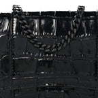 Shiny Calfskin Monochrome Crocodile Embossed Hourglass Chain Bag Black