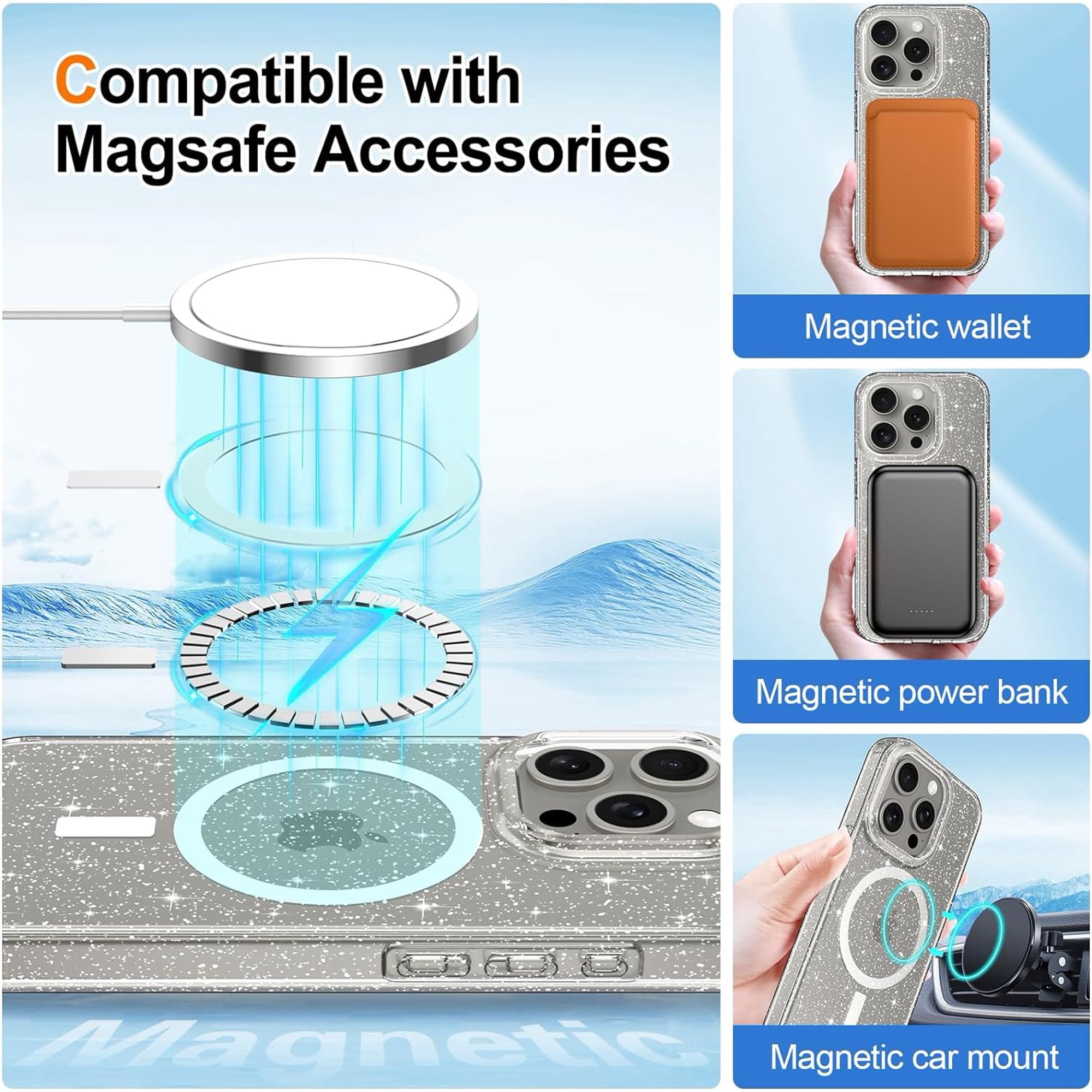 Entronix [Magnetic] Case Compatible with iPhone 13 - [Hard Back] Glitter Clear