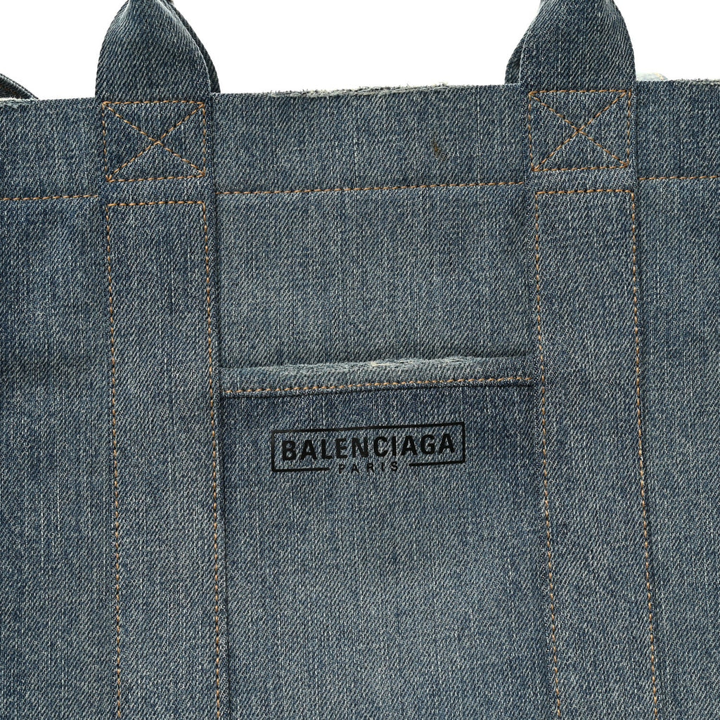 Washed Frayed Denim Logo Medium Hardware Tote Blue