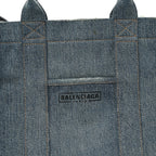 Washed Frayed Denim Logo Medium Hardware Tote Blue