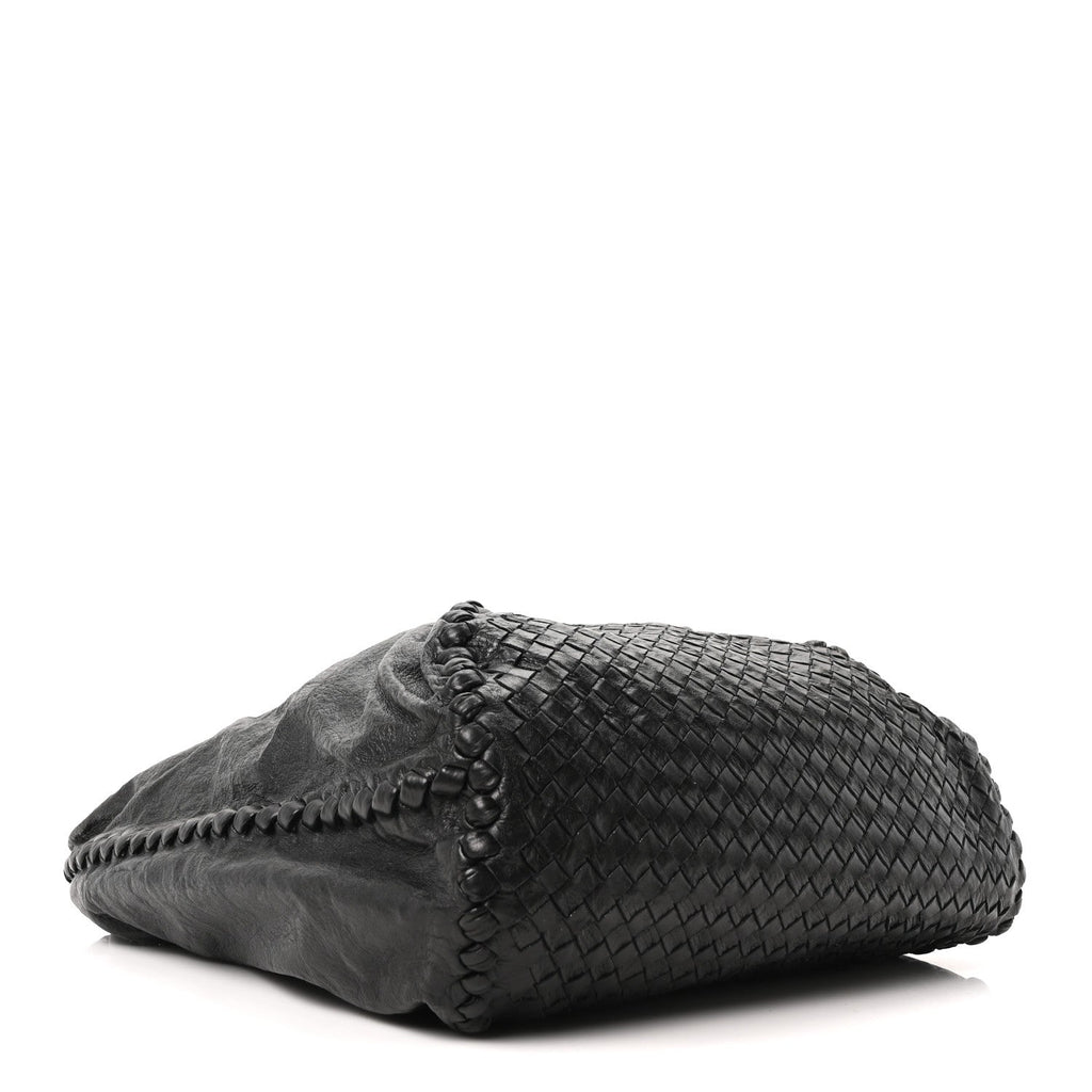 Grained Lambskin Intrecciato Large Shoulder Bag Black