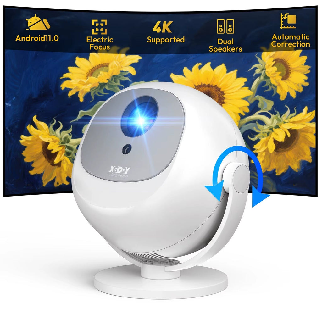 350 ANSI Lumens 4K Portable Android Projector with Native 720P/1080P, WiFi 6, Bluetooth, 50% Zoom, and Electric Focus for Home Theater