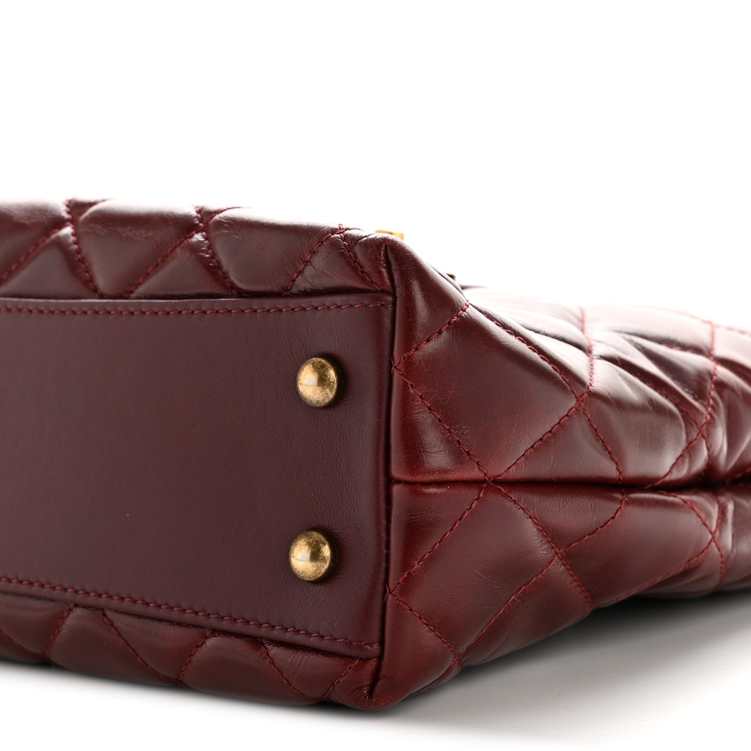 Glazed Calfskin Quilted Small Gold Bar Tote Red