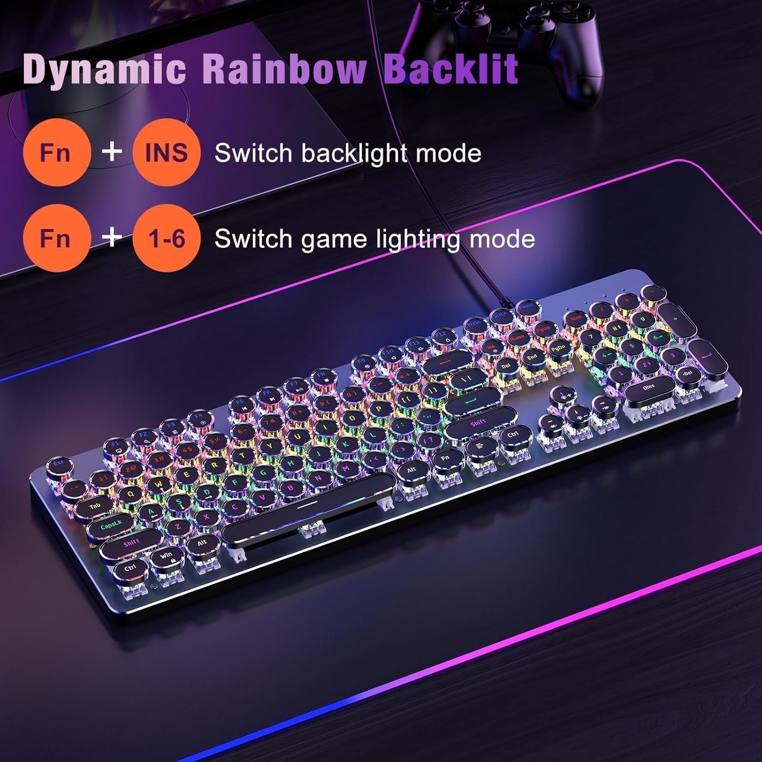 Typewriter Style Mechanical Gaming Keyboard, Metal Panel, Retro Punk Round Keycaps, Clicky Blue Switch, Rainbow LED Backlit, 104 Keys Wired Keyboard, Round Keycaps for PC Laptop Mac Gamer
