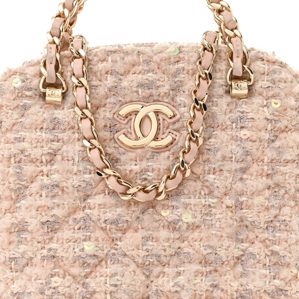Cotton Wool Tweed Sequin Quilted Shiny Coco Clutch With Chain Light Pink Beige Ecru