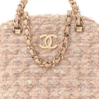 Cotton Wool Tweed Sequin Quilted Shiny Coco Clutch With Chain Light Pink Beige Ecru