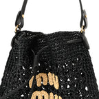 Raffia Crochet Drawstring Pouch Black Naturale