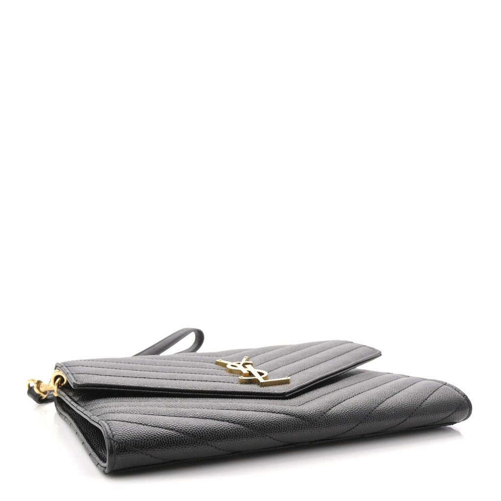 Grain De Poudre Matelasse Chevron Monogram Envelope Clutch Black