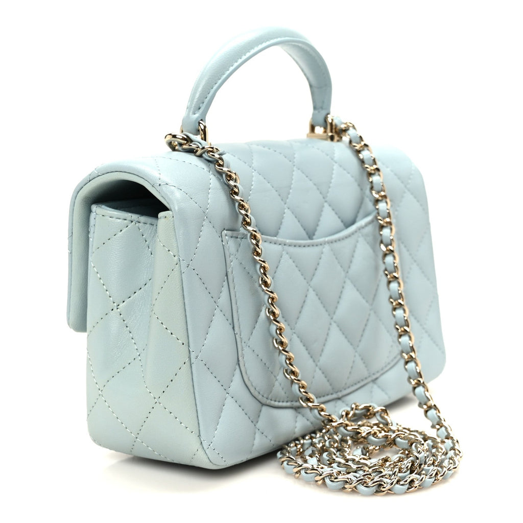Lambskin Quilted Mini Top Handle Rectangular Flap Light Blue