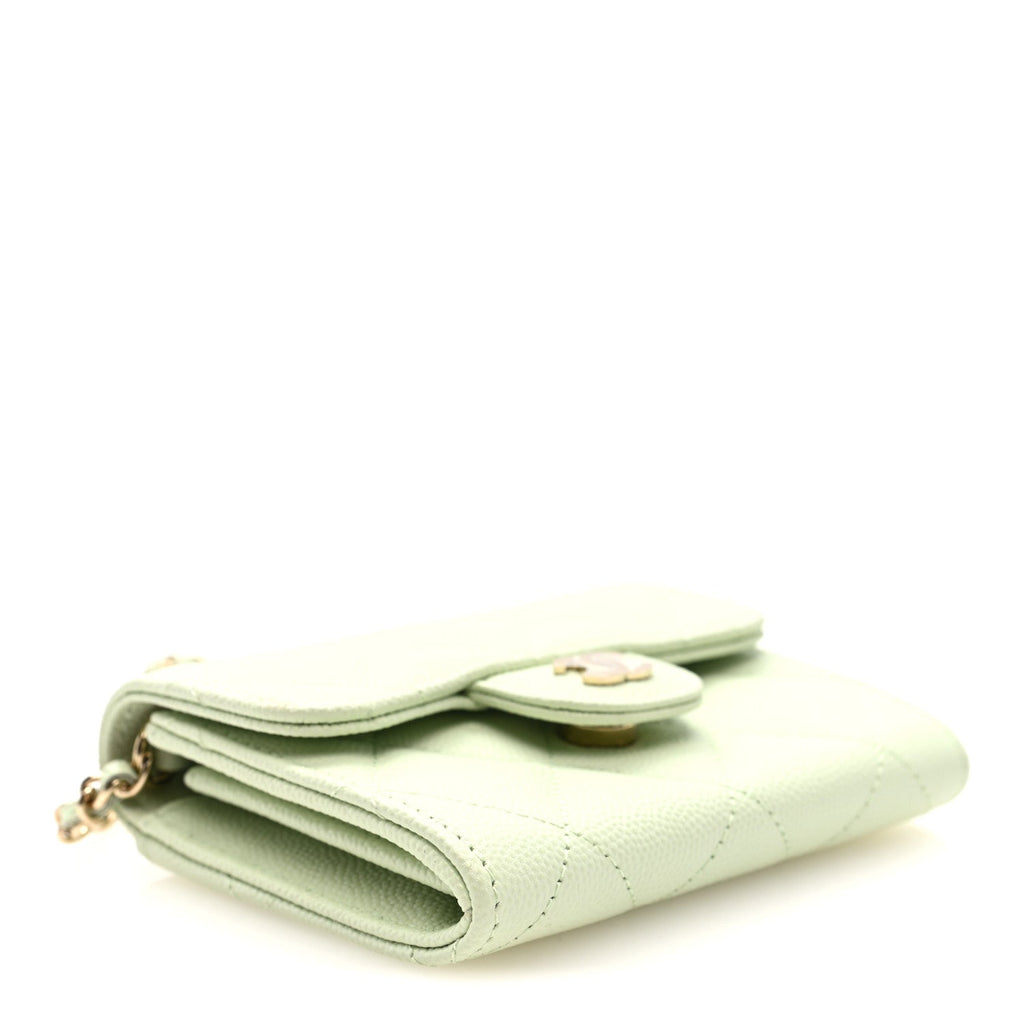Caviar Quilted Flap Card Holder On Chain Light Green