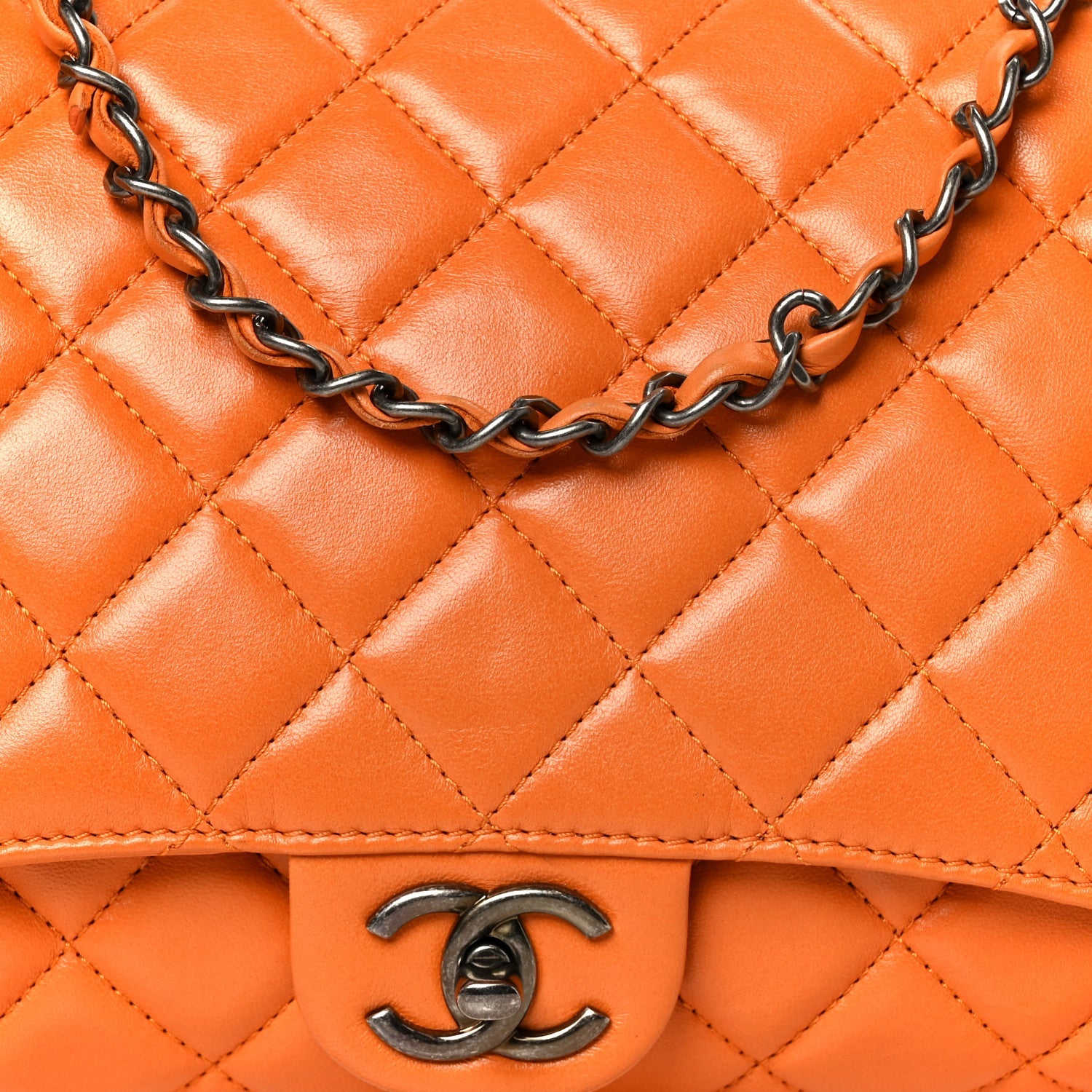 Lambskin Quilted Jumbo Grocery By Chanel Drawstring Shopping Bag Orange