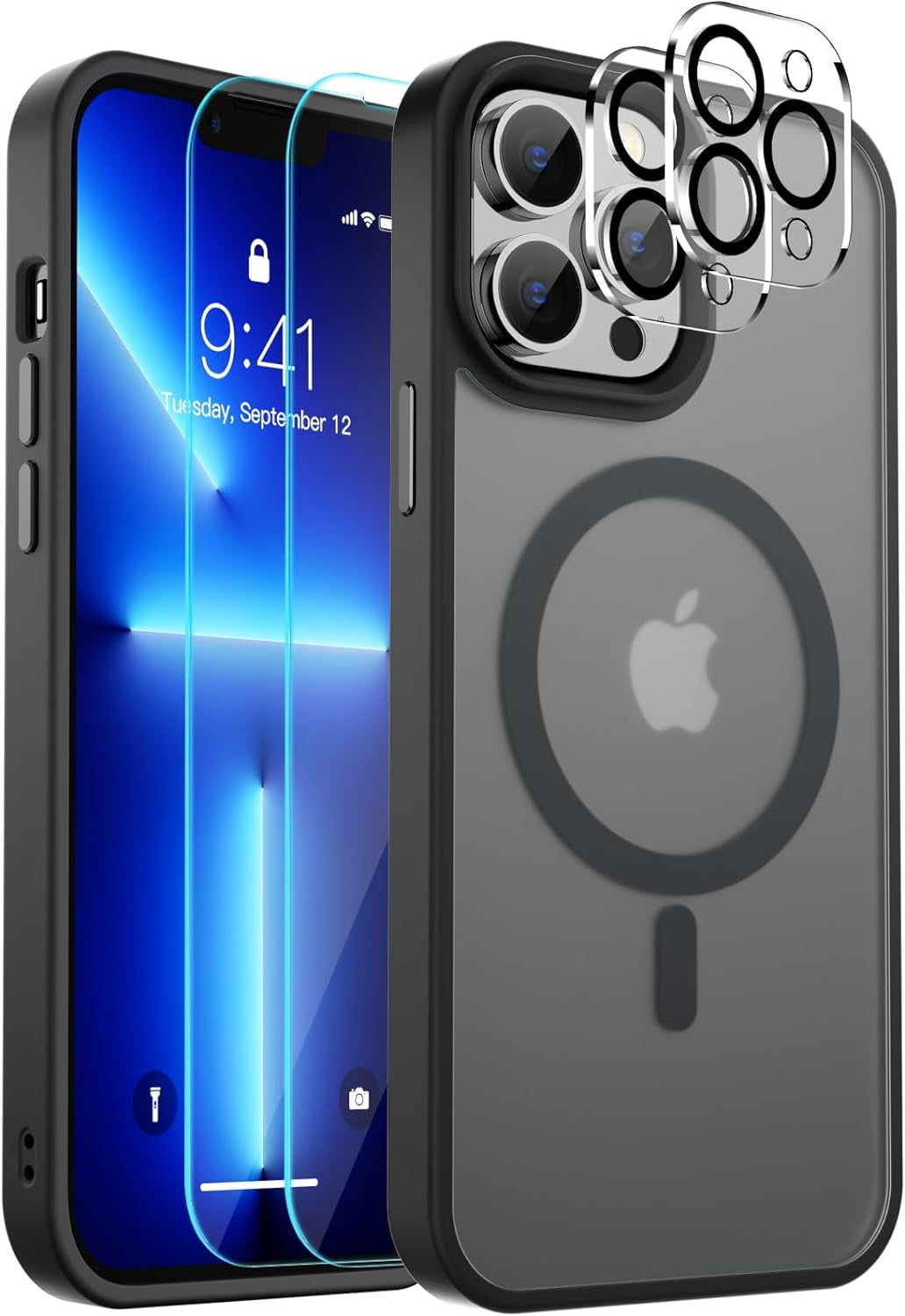 Entronix Bundle Compatible with iPhone 13 Pro Max - [Magnetic] Translucent Matte Case, 2 Screen Protectors & 2 Camera Lens Protectors