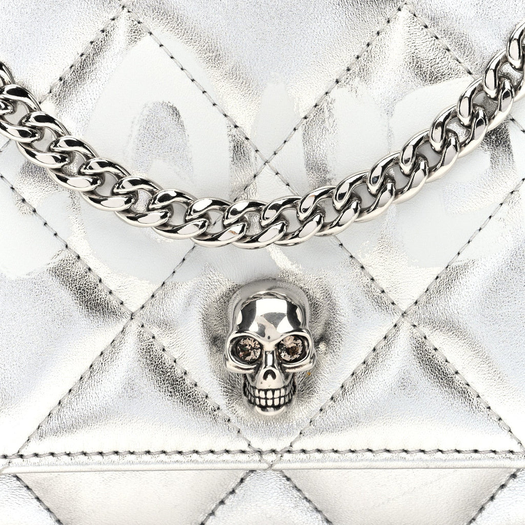 Metallic Calfskin Quilted Graffiti Skull Small Chain Crossbody Bag Silver