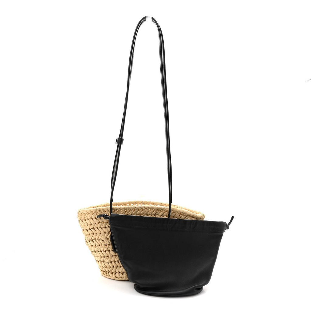 Raffia Calfskin Small Arco Basket Black