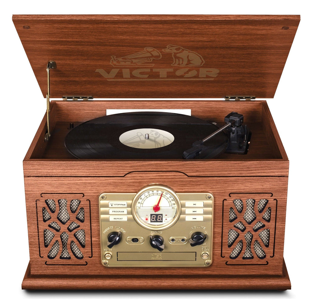 7-in-1 Wood Music Center with 3-Speed Turntable & Dual Bluetooth
