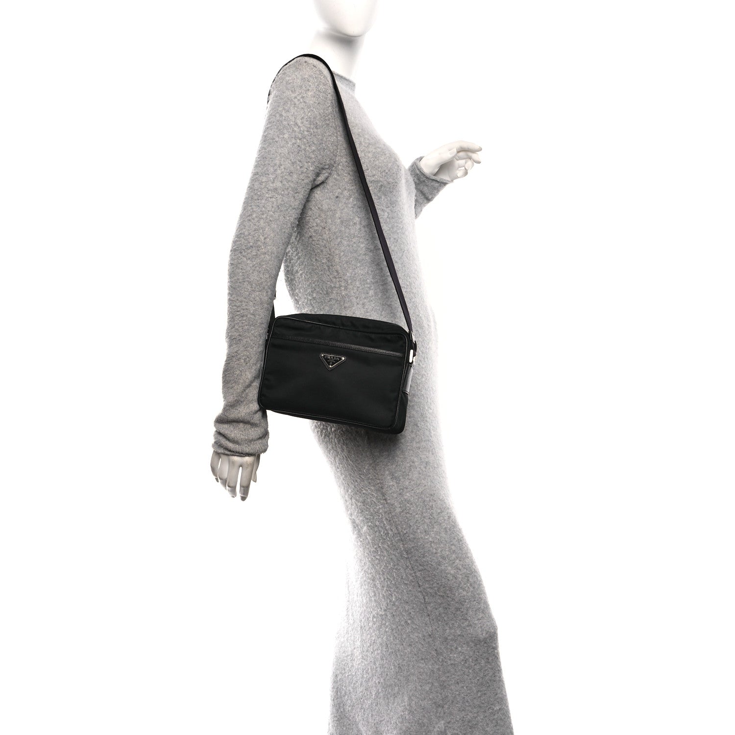 Re-Nylon Vela Saffiano Pocket Double Zip Shoulder Bag Black