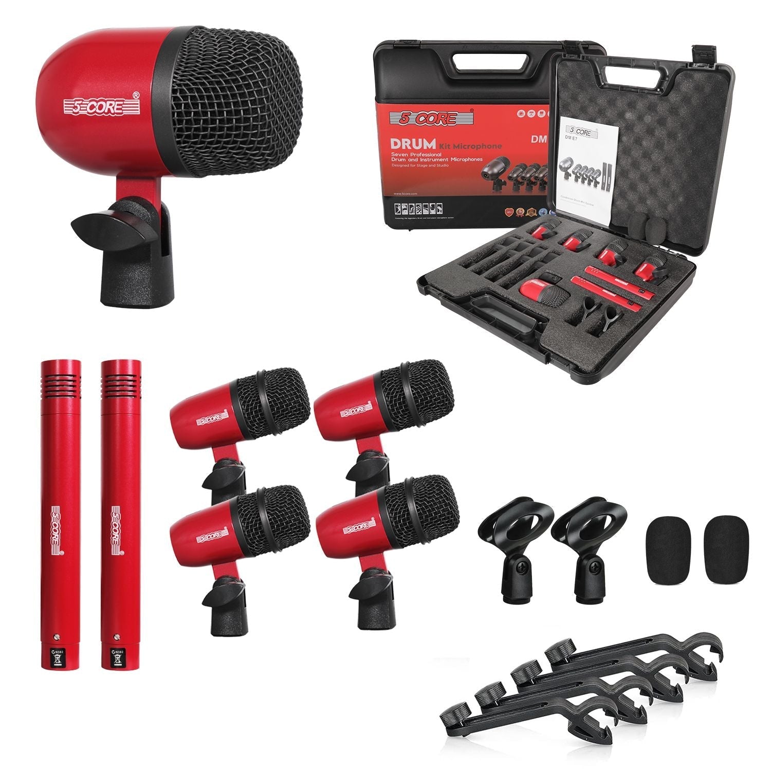 Drum Microphone Kit 7Pc All Metal Drummer Mics Tom/Snare & Cymbals Wired Instrument Drums Set