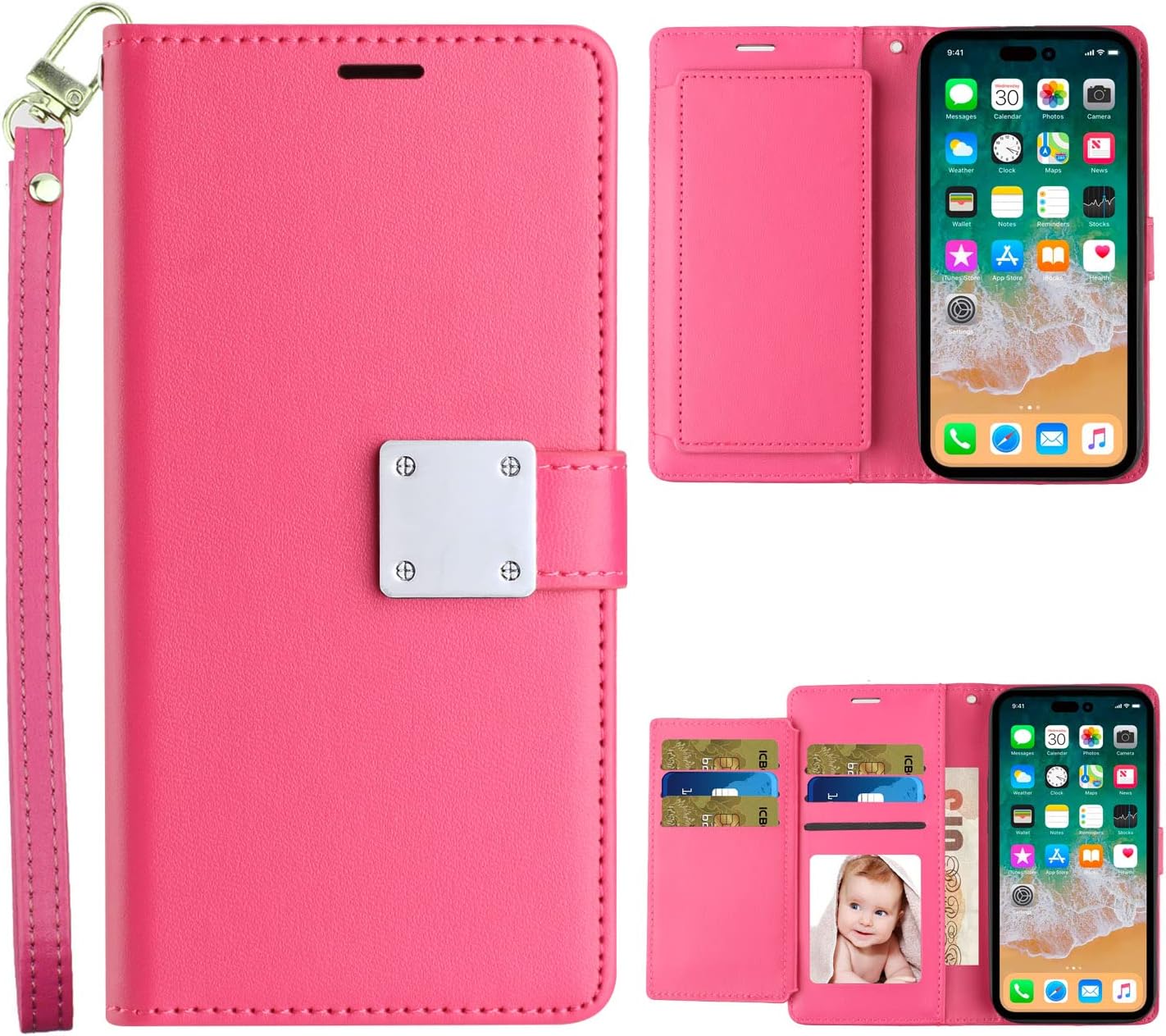 Entronix Case Compatible with iPhone 15 - Foldable Leather Wallet, Card Holder & Lanyard