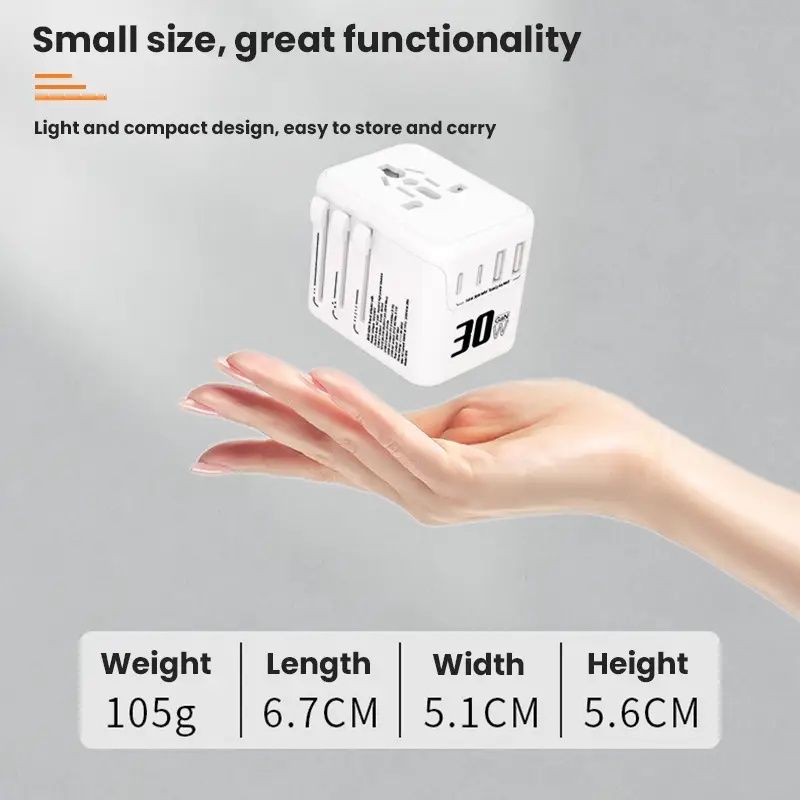 "30W GaN Travel Adapter – 4-Port Charger with EU/UK/US/AU Plugs"