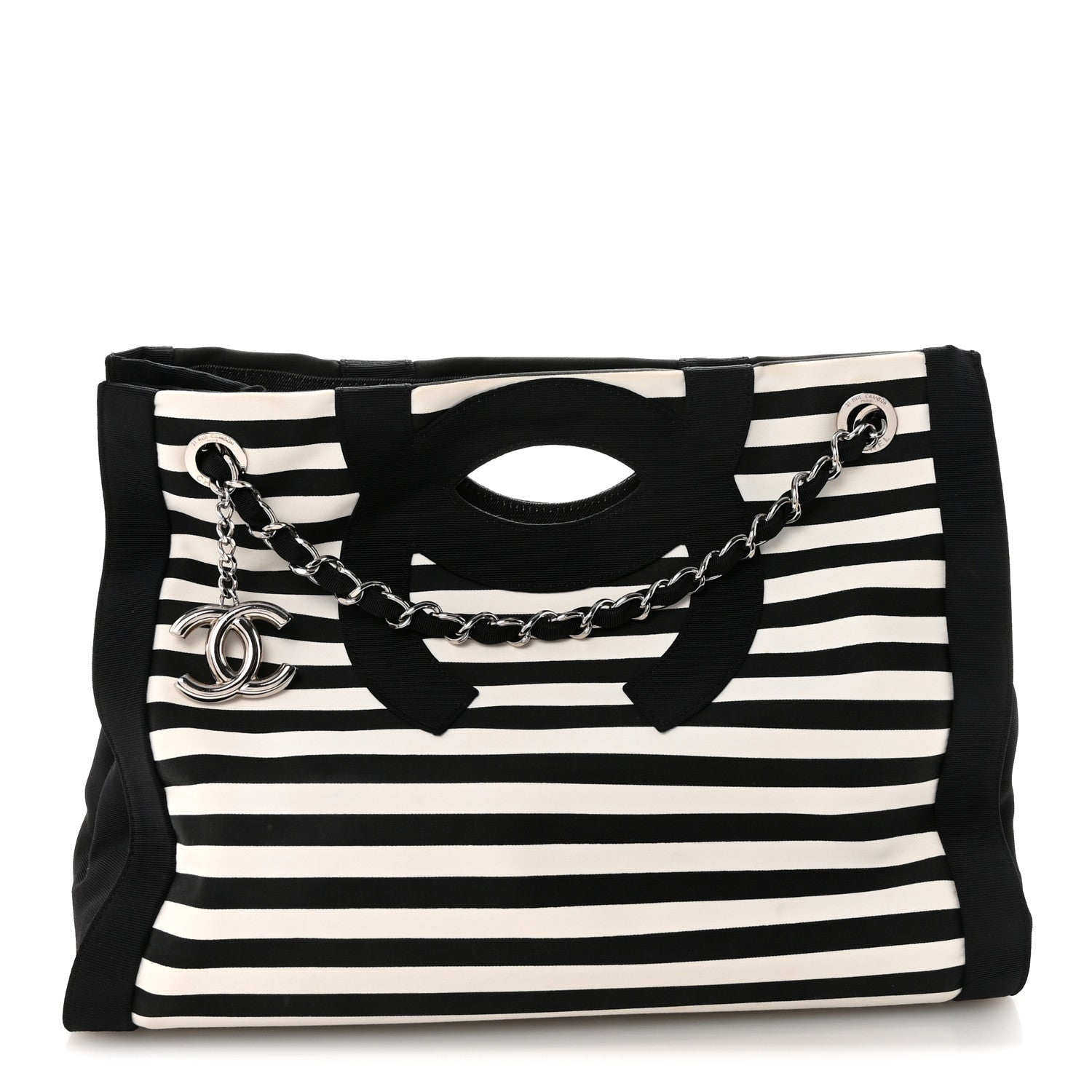 Canvas Grosgrain Striped CC Shopping Tote Black White