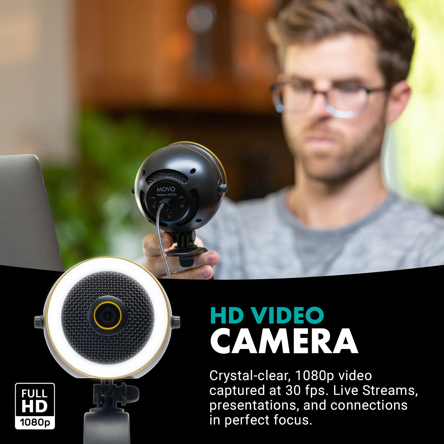 Movo WebMic HD Pro - All-in-One Streaming Webcam, Microphone and LED Ring Light