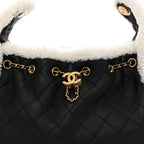 Crumpled Sheepskin Shearling Quilted Small Chanel 25 Handbag Black White