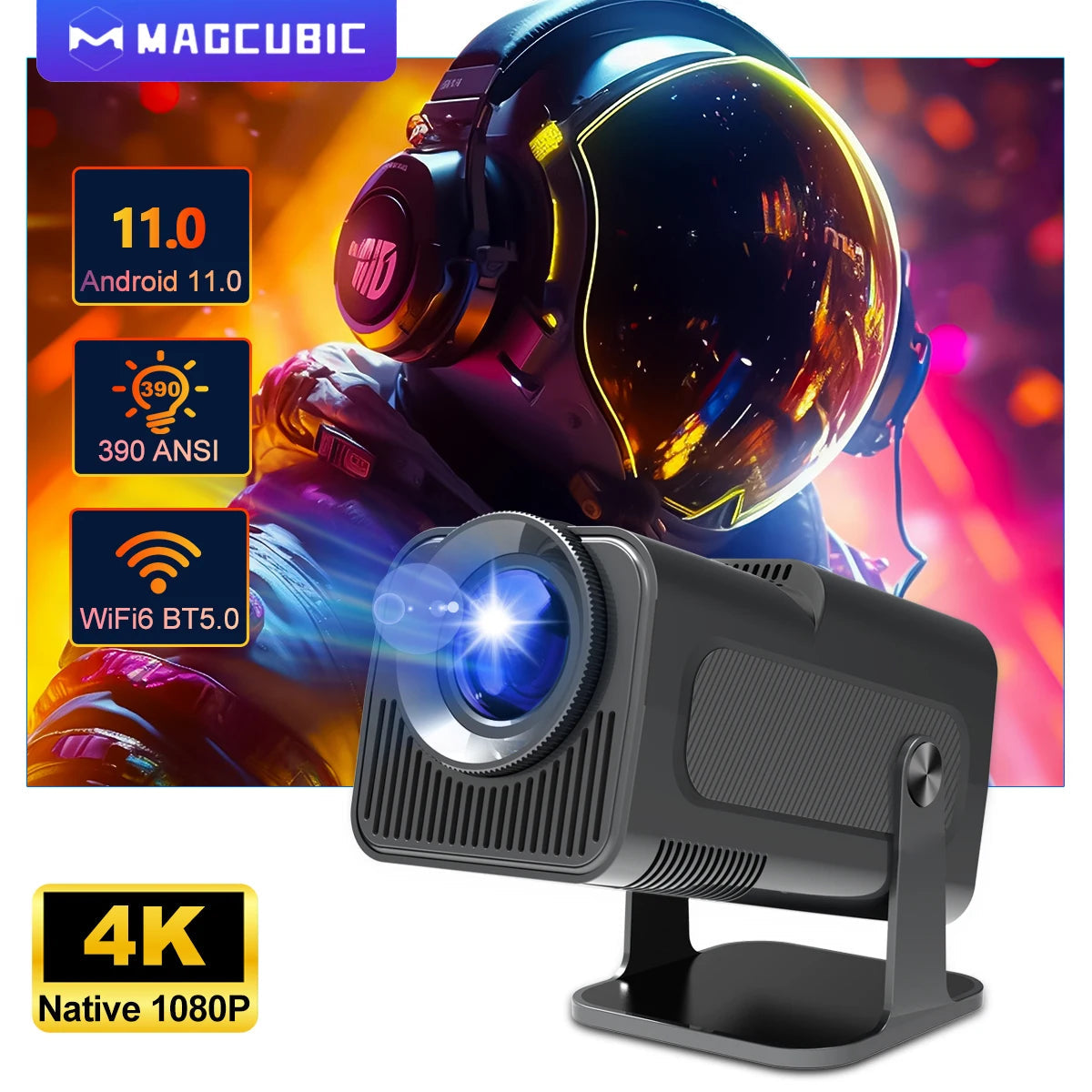 4K Android 11 Projector Native 1080P 390ANSI HY320 Dual Wifi6 BT5.0 1920*1080P Cinema Portable Projector