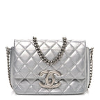 Metallic Lambskin Quilted Mini Maxi CC Flap Argent