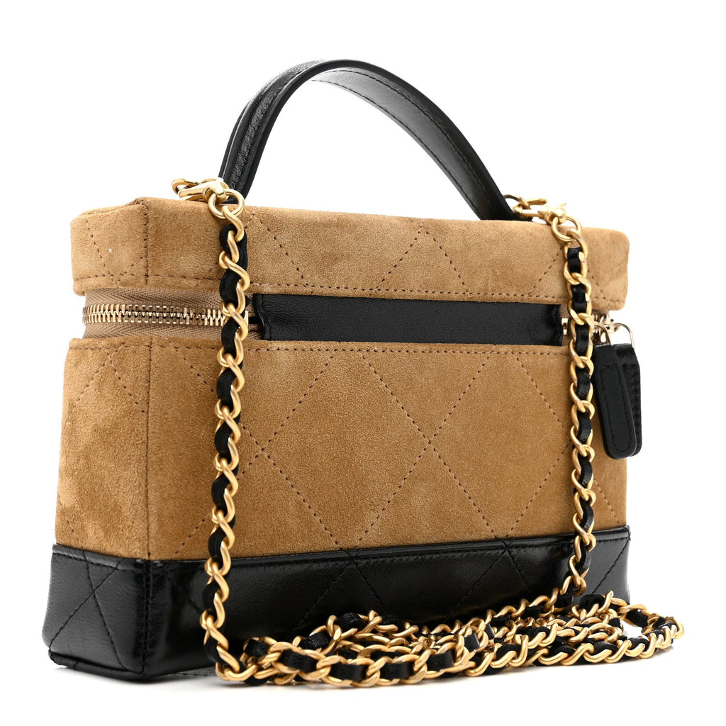Suede Calfskin Shiny Lambskin Quilted Top Handle Slim Vanity Case With Chain Beige Black