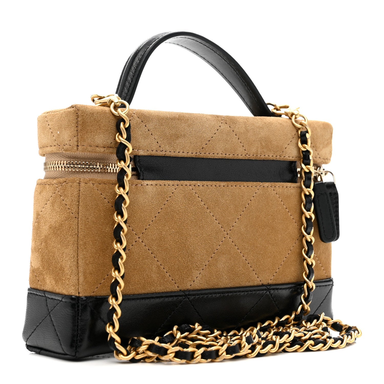 Suede Calfskin Shiny Lambskin Quilted Top Handle Slim Vanity Case With Chain Beige Black