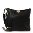 Pebbled Calfskin Large Rockstud Flip-Lock Messenger Bag Black