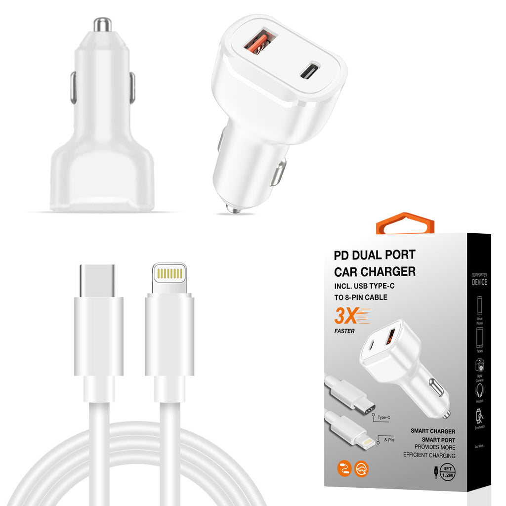 36W Pd Dual Ports Travel Car Charger Adapter Fast Charging With Usb-C To 8 Pin Cable